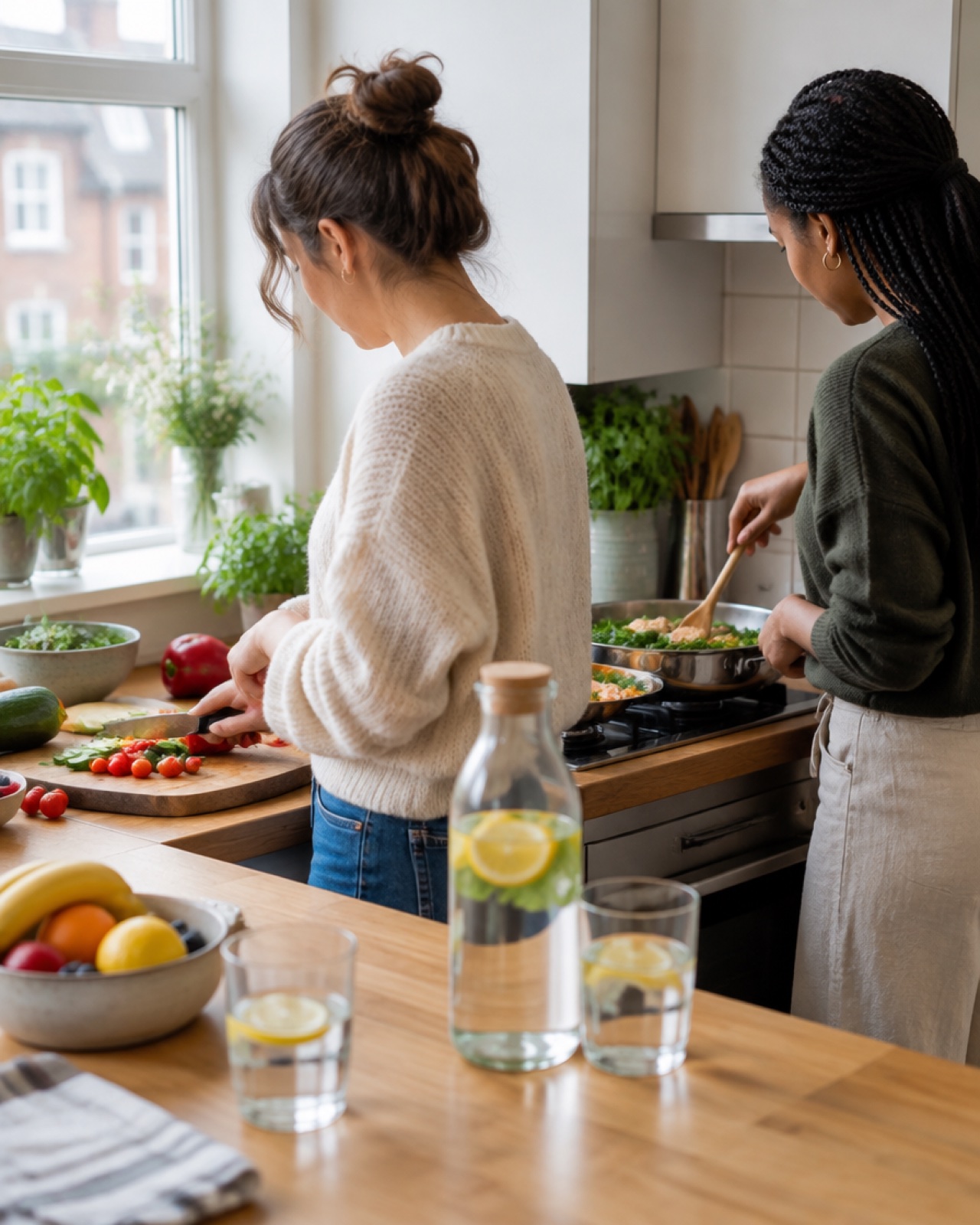 Two friends cooking a healthy meal together, water with lemon on the counter