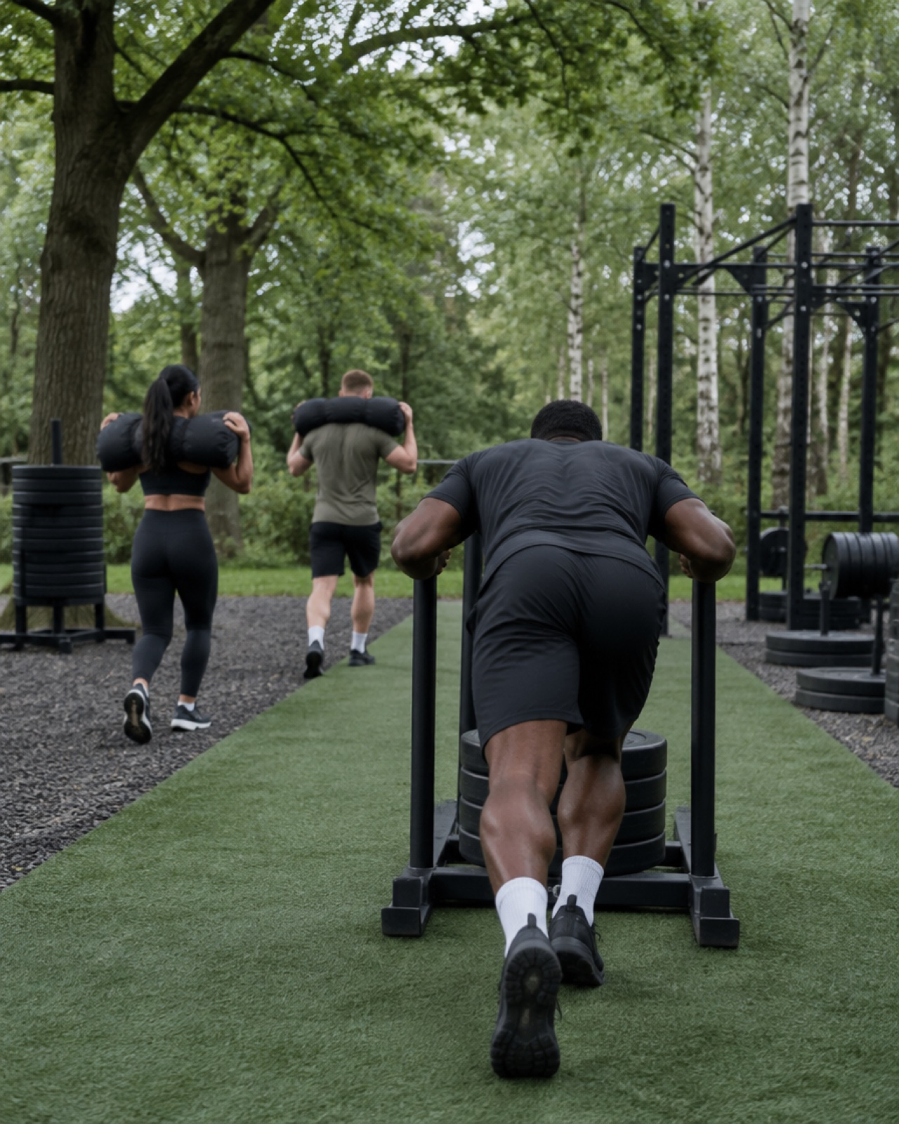 A mixed group training in an outdoor gym among trees: a sled push and two sandbag carries, seen from behind